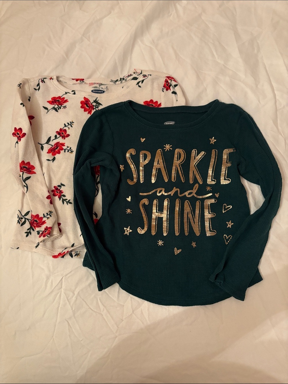 Old Navy Bundle -Dark Green Long-Sleeve Waffle with White and Red Floral Waffle